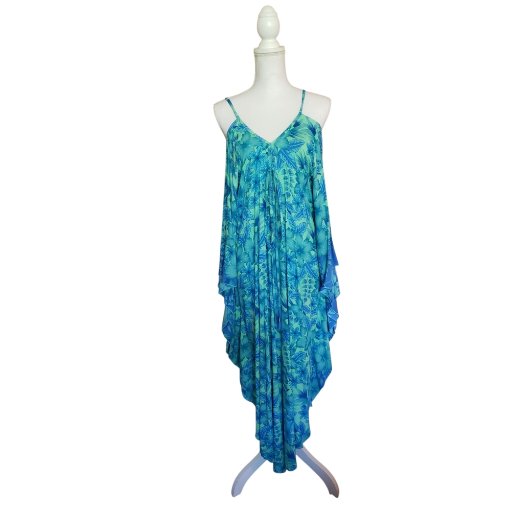 Rainbow Joe L Hawaiian Caftan Sundress Blue Green Floral Beach Resort Vacation
